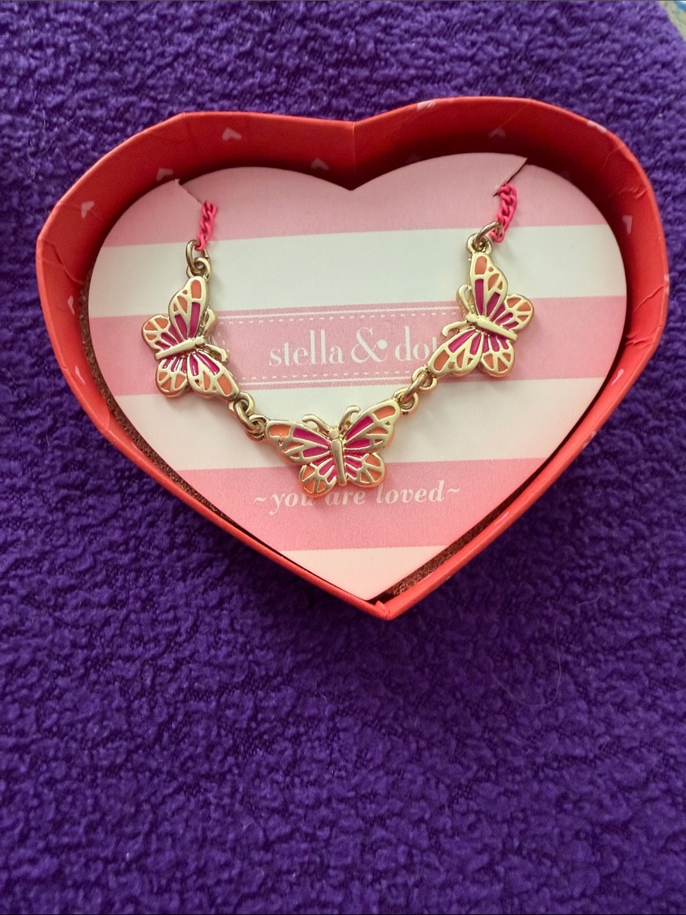 Stella & Dot Gold-Tone Bracelet with Pink Enamel Butterflies